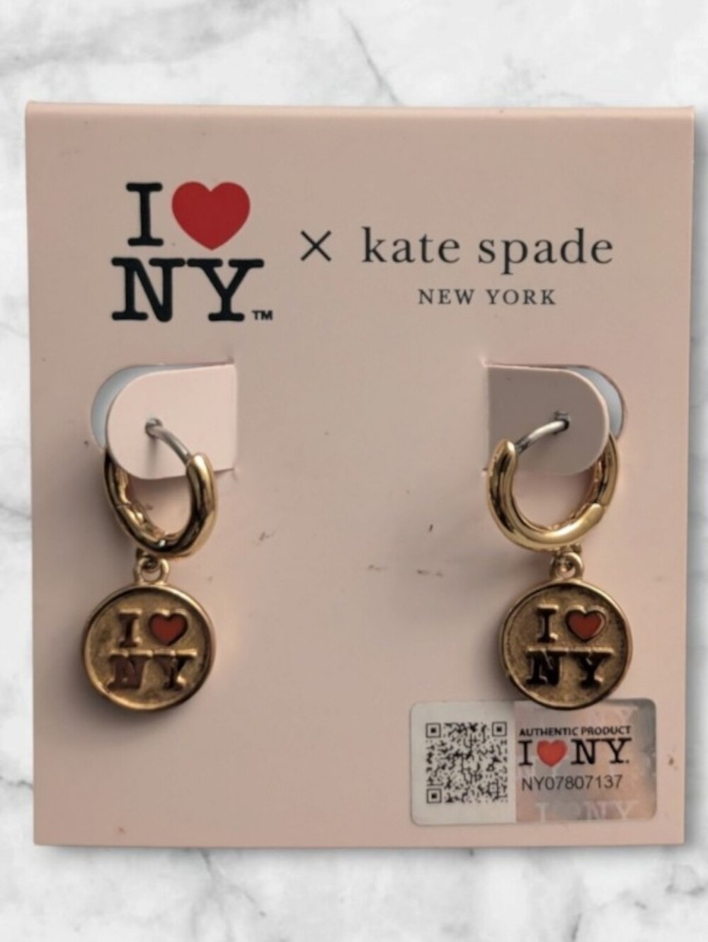 Kate Spade xI Love NY Coin Charm Huggie Hoop Earrings Gold NWT